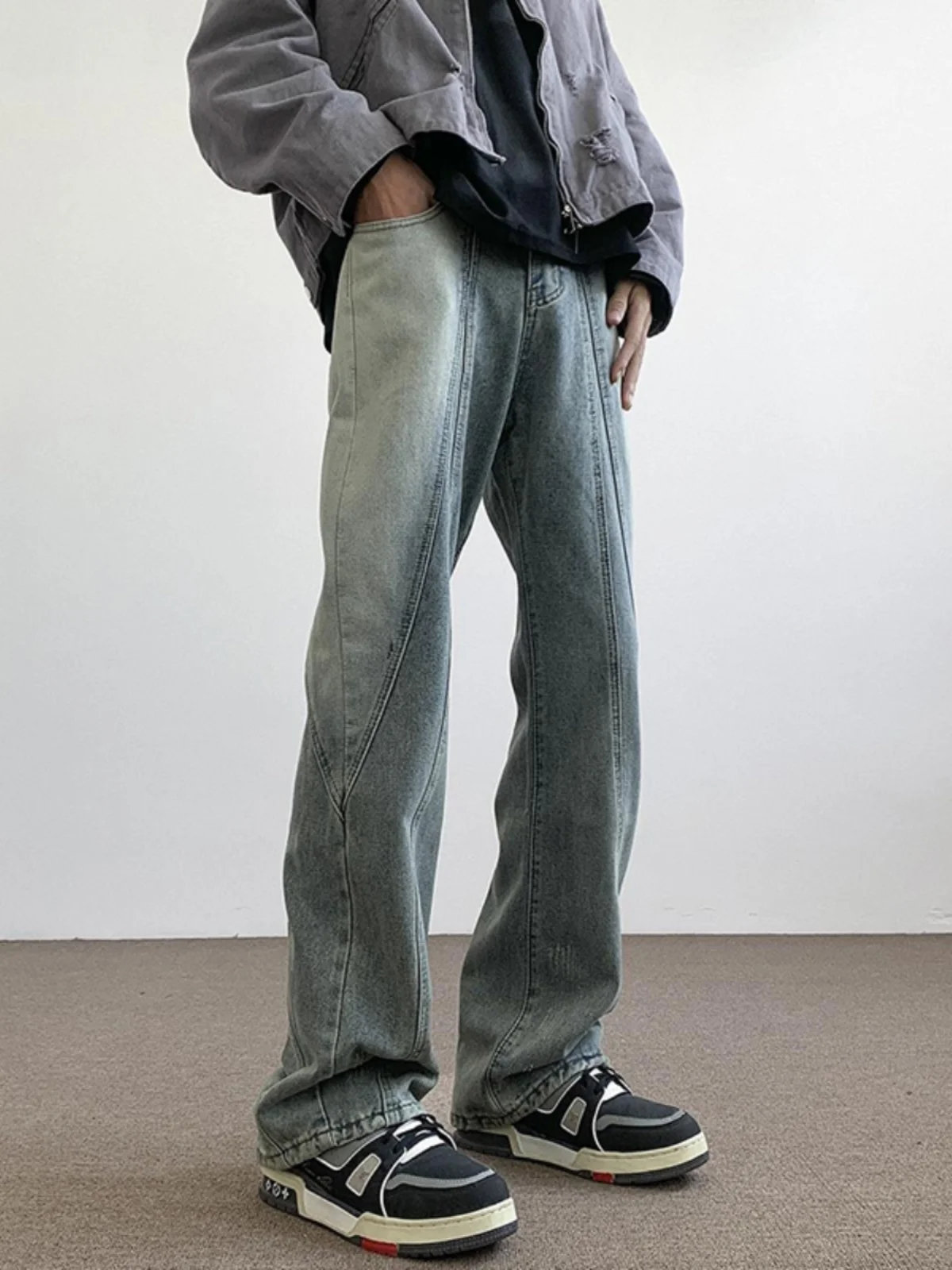 

Мужские джинсы Retro Waed Blue: весенне-осенние, в американском стиле High Street, с пэчворком, модные, брендовые, Haome, прямые, зауженные брюки