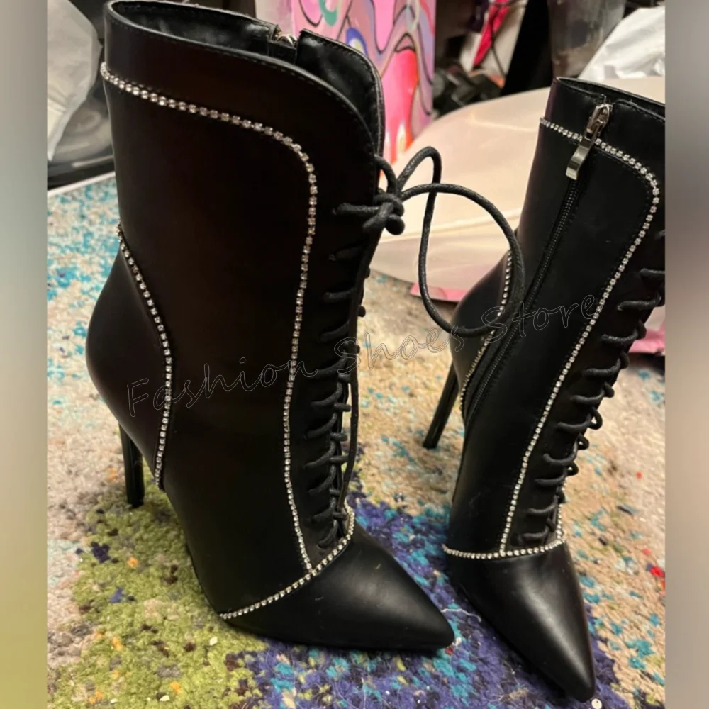 

Black Side Zipper Lace up Crystal Boots Pointed Toe Women Shoes Thin High Heels Party Banquet Dating 2025 Zapatos Para Mujere
