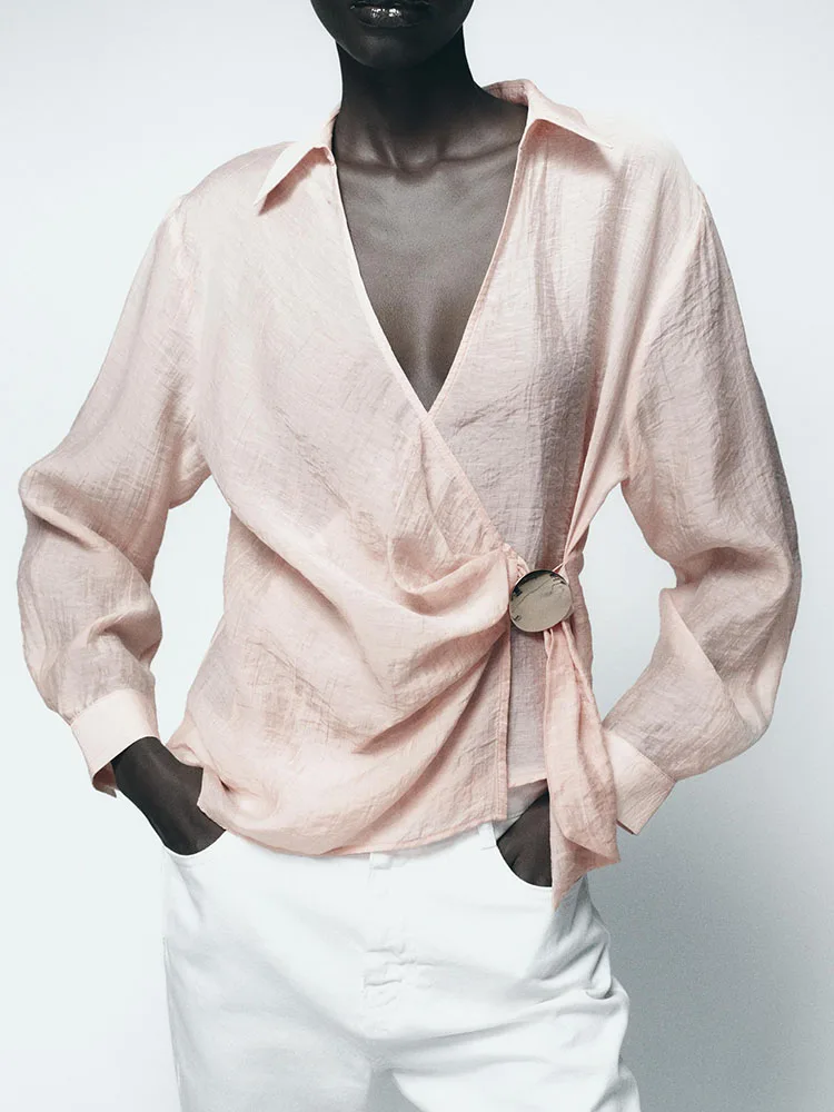 

Spring New Arrival Casual Women's irt Double Button Long Sve Turn-down Collar Gold Embellied ZA2025 5029054