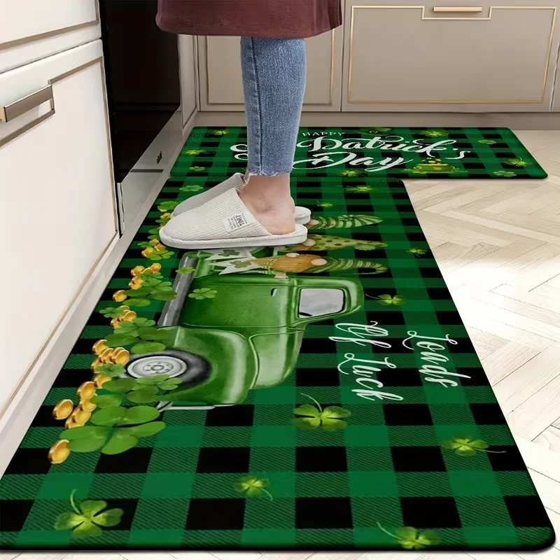 Rutschfeste Küchenmatte zum St. Patrick's Day, maschinenwaschbar, Kleeblatt und Vintage-LKW-Bodenmatte für Urlaubsdekoration, Küchenfl