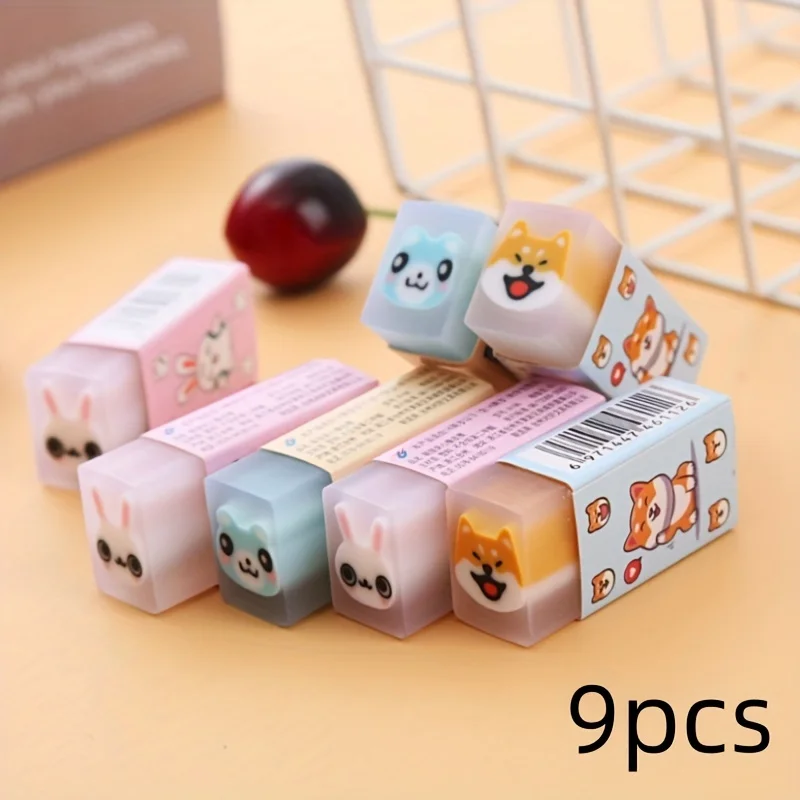 3/6/9pcs Kawaii Animal Themed Square Eraser | Cartoon Desktop Pet Design Fun Pencil Eraser, Suitable for School Supplies, Studen