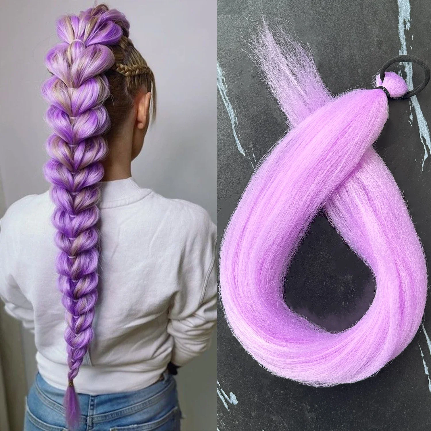 Synthetic 28Inch Long Straight Ponytail Purple DIY Braided Ponytail with Rubber Band Halloween Hair Accessories for Woman