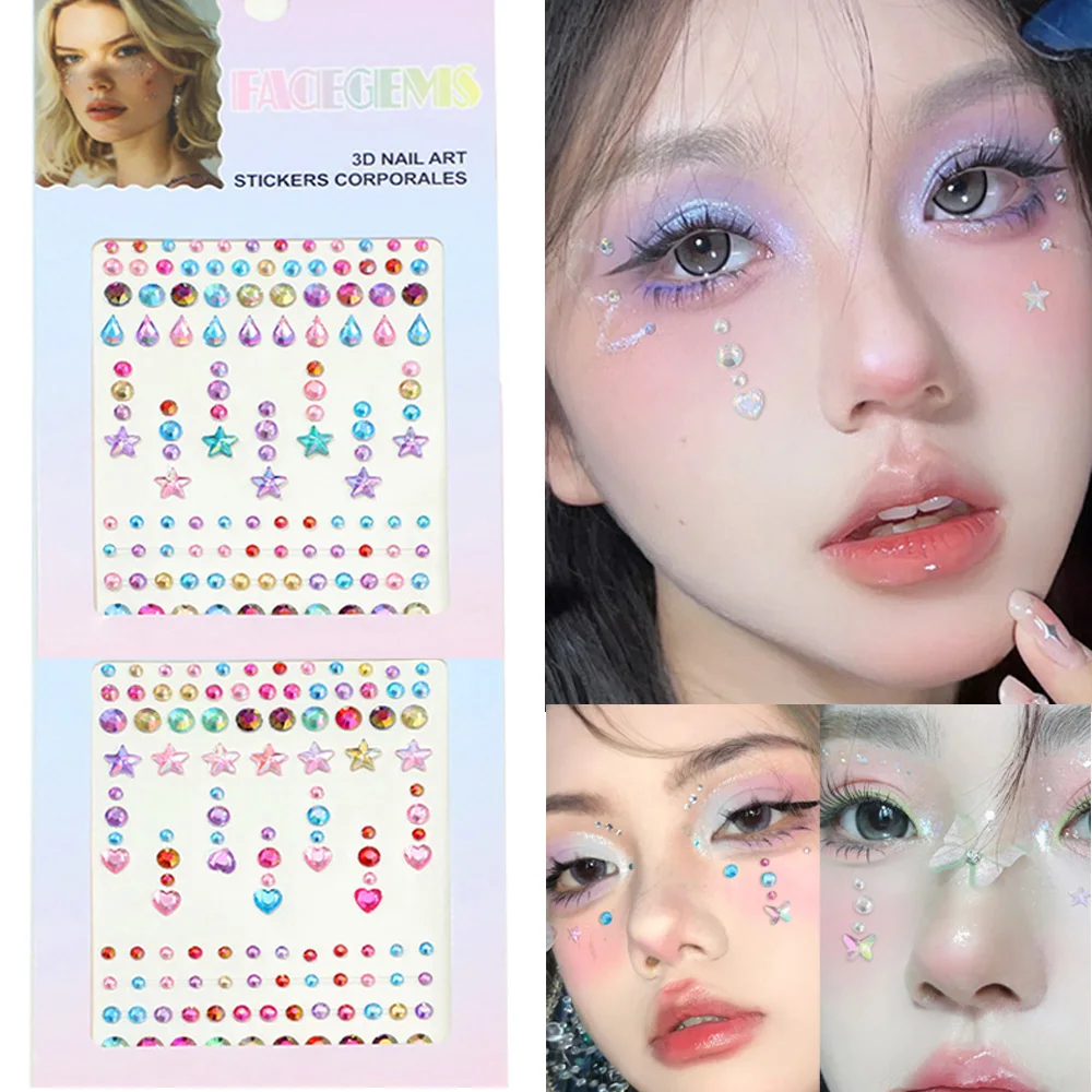 Mix Size Facial Rhinestone Sticker 3D Face Jewels Body Brow Makeup Self Adhesive Crystal Tattoo Colorful Diamond Fairy Beauty