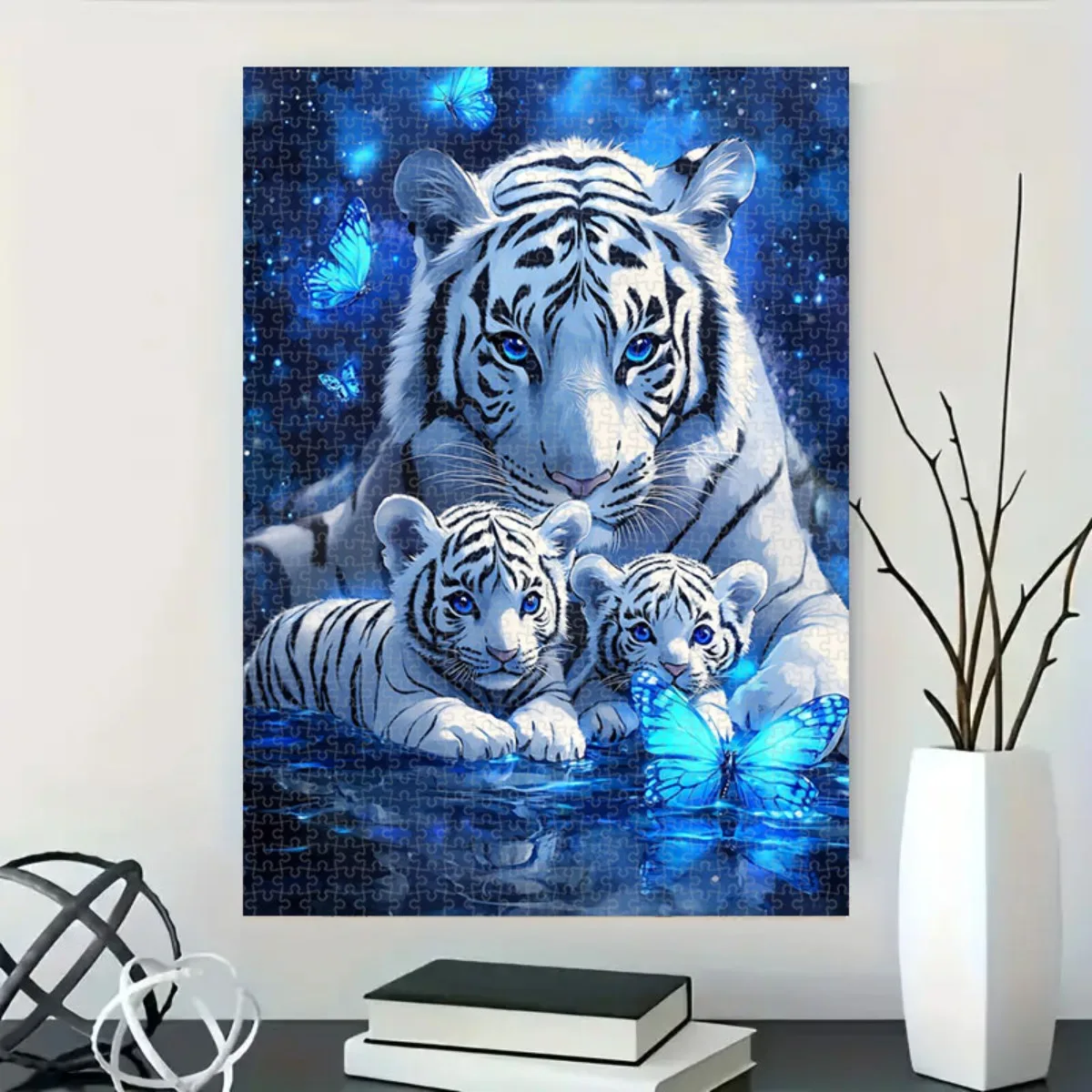 A 1, 000pcs of Puzzleshalloween Decorative Puzzle for Living Room White Tiger Family Design Blue Glow Effect 1000pcs Jigsaw Pu view 3