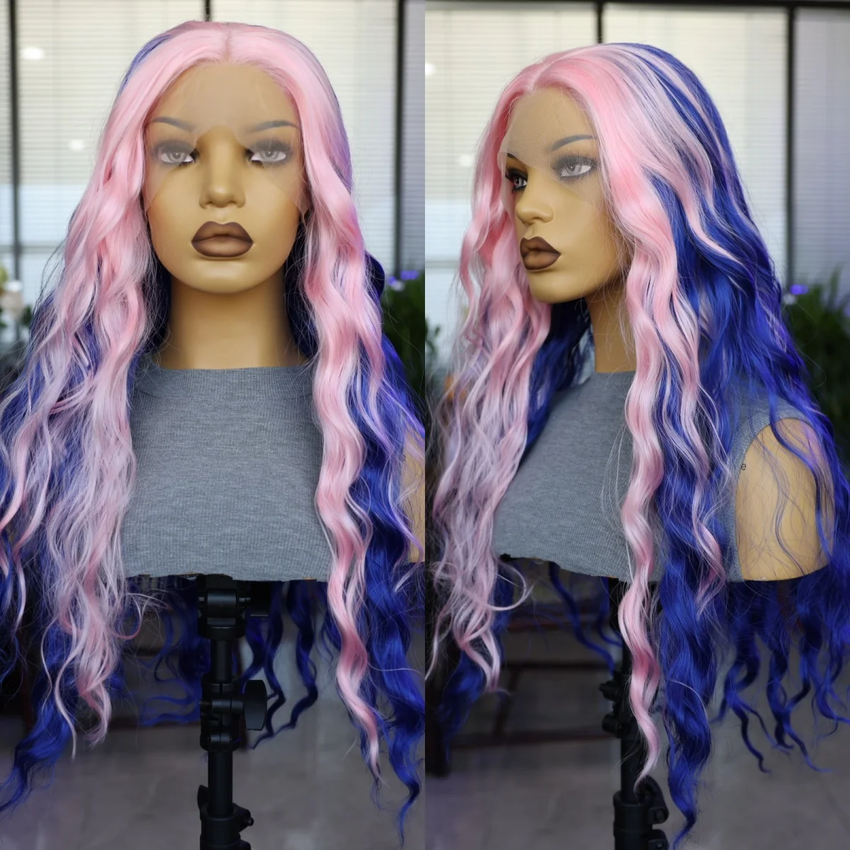 

24 Inch Synthetic Lace Wig Pink Blue Mixed Color Wavy Wigs Fashionable Cosplay Women's Wig Natural Hair Line 180 density