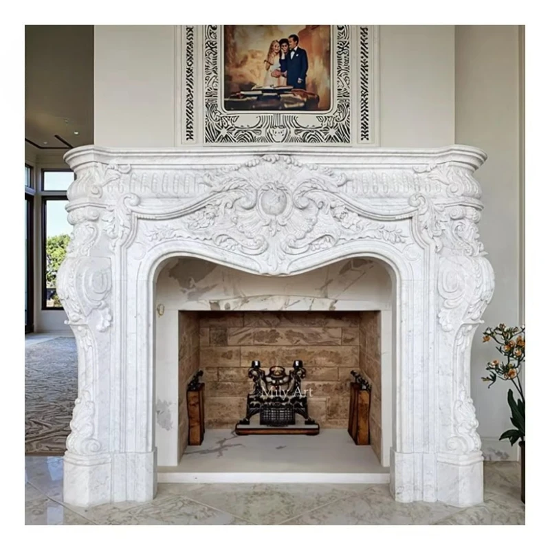 

House interior decoration hand-carved white marble French fireplace surround