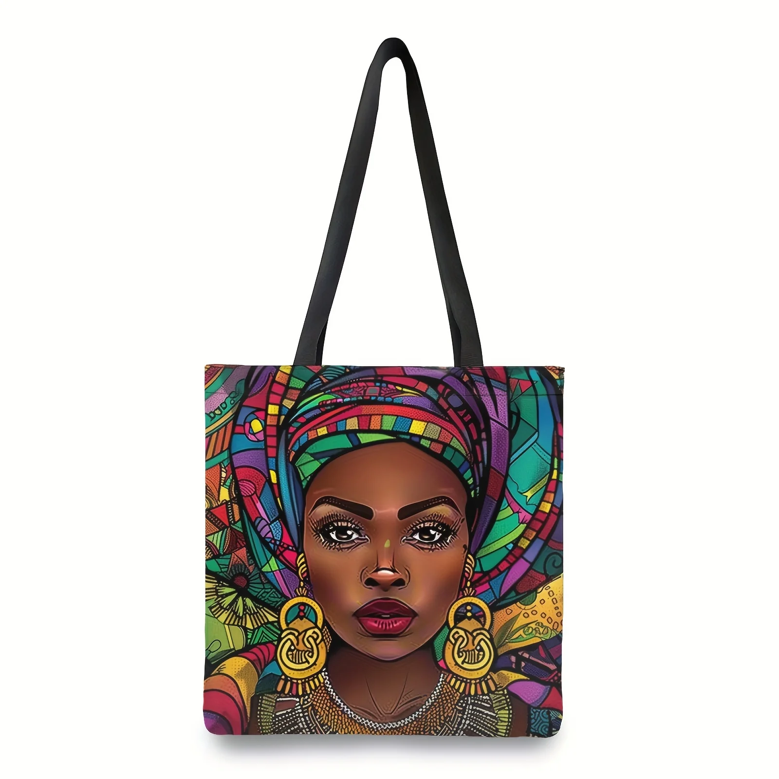 

1pc Vibrant African Women Printed Tote Bag - Durable Polyester/Brass Shoulder Bag with Colorful Geometric Patterns for Shopping