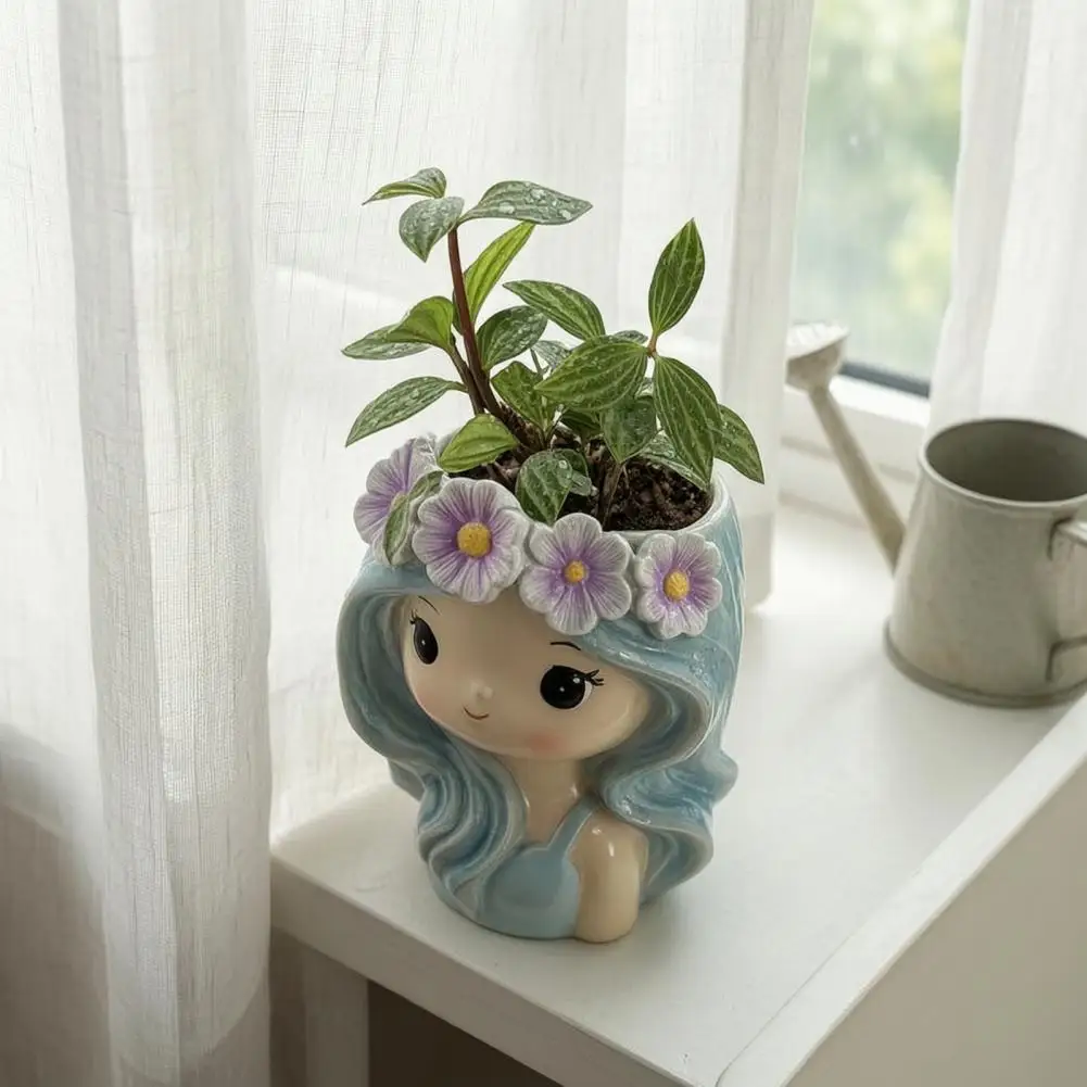 Cute Girl Planter for Indoor Plants Decorative Desktop Plant Container Cute Girl Planter with Blue Hair Garland for Succulents