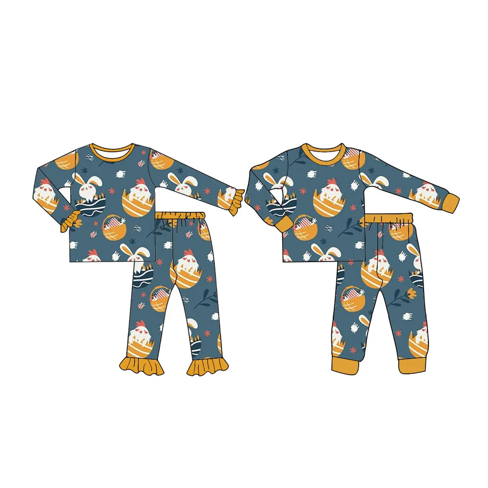 wholesale Easter New style Pajama set Girls' and boys' clothes Bunny chick egg design Long sleeve pants suit