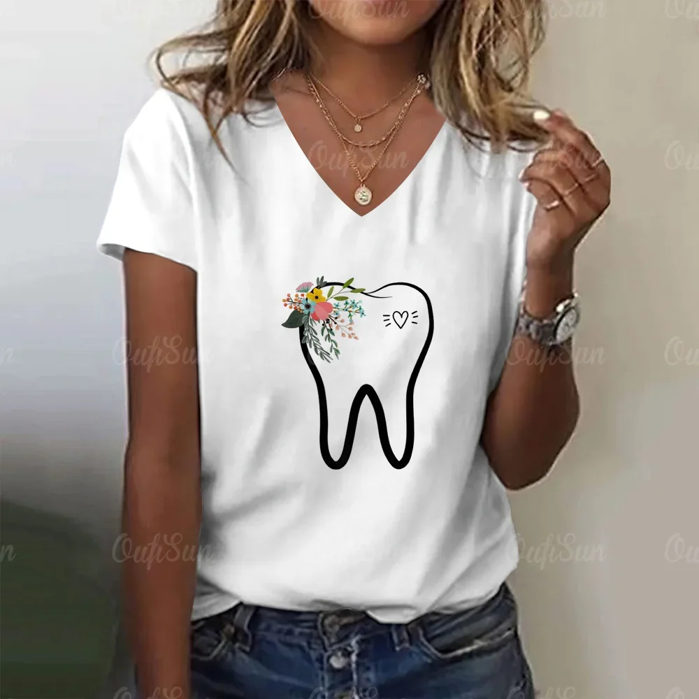 Tooth And Dentist Graphic Aesthetic Women Funny Print Ladies T-Shirt Girl Y2k Harajuku Basis V-Neck White Shirt Short Tops