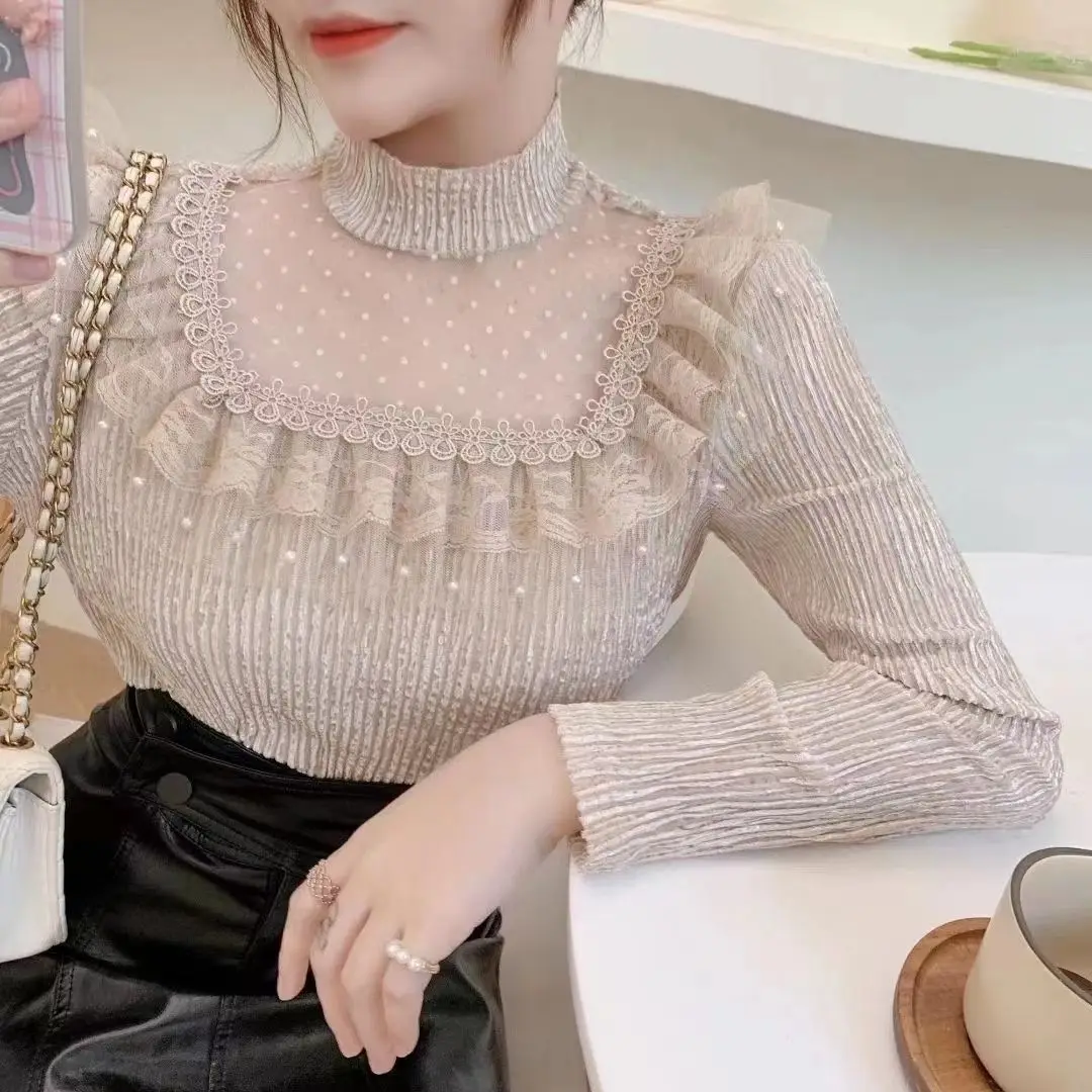 Women Sexy Mesh Lace T-shirt 2024 New Autumn Winter Slim Turtleneck Shirt Long Sleeve Office Lady Elegant Blouse Base Shirt