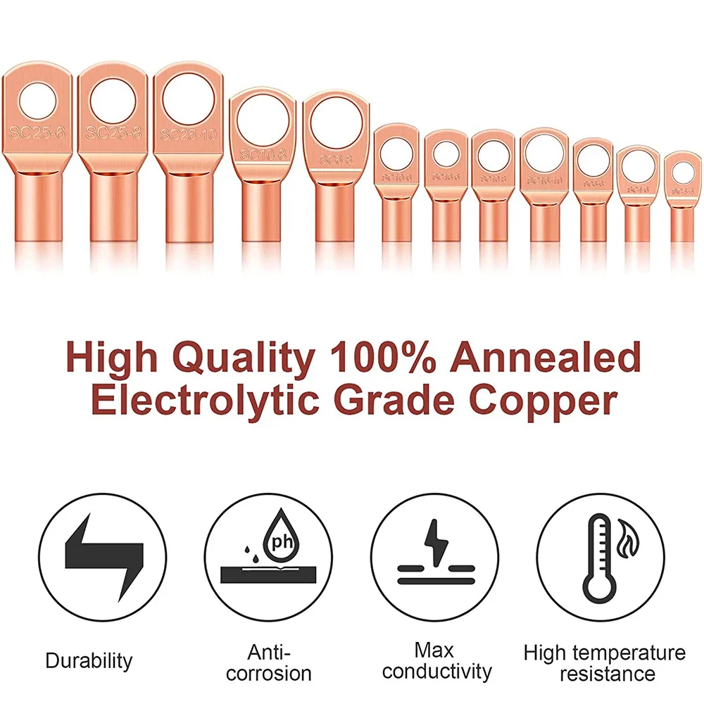 170PCS Copper Ring Terminal Lug Battery Cable End Crimp Terminals Electrical Wire Connector Automotive SC Terminal AWG 4-12