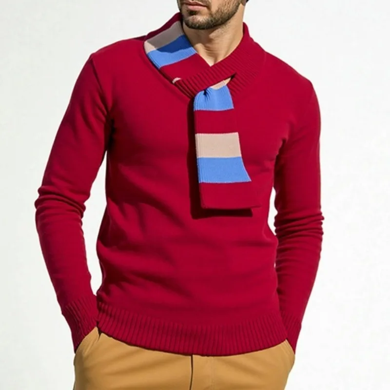 

Winter Men's Sweater Long Sleeve Scarf Collar Design Knitted Pullovers Sweaters Fashion Casual Warm Knitwear Tops Men Clothing