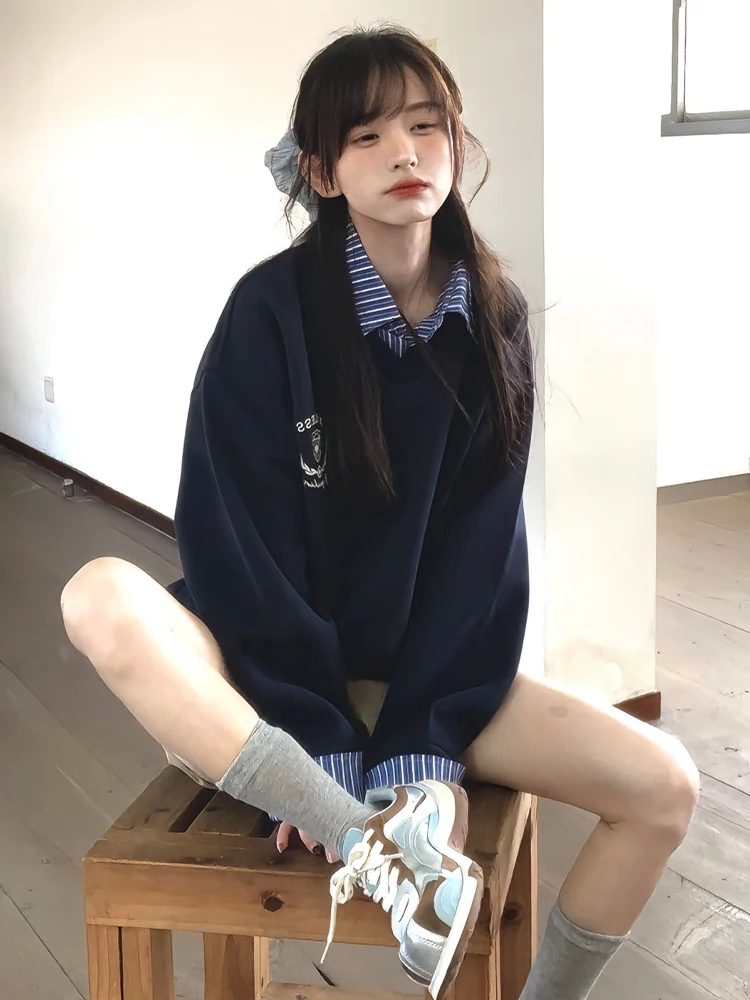 Felpa coreana con colletto lungo Sve da donna Faion College Wind Vintage Top stampato casual vestibilità ampia autunno alla moda