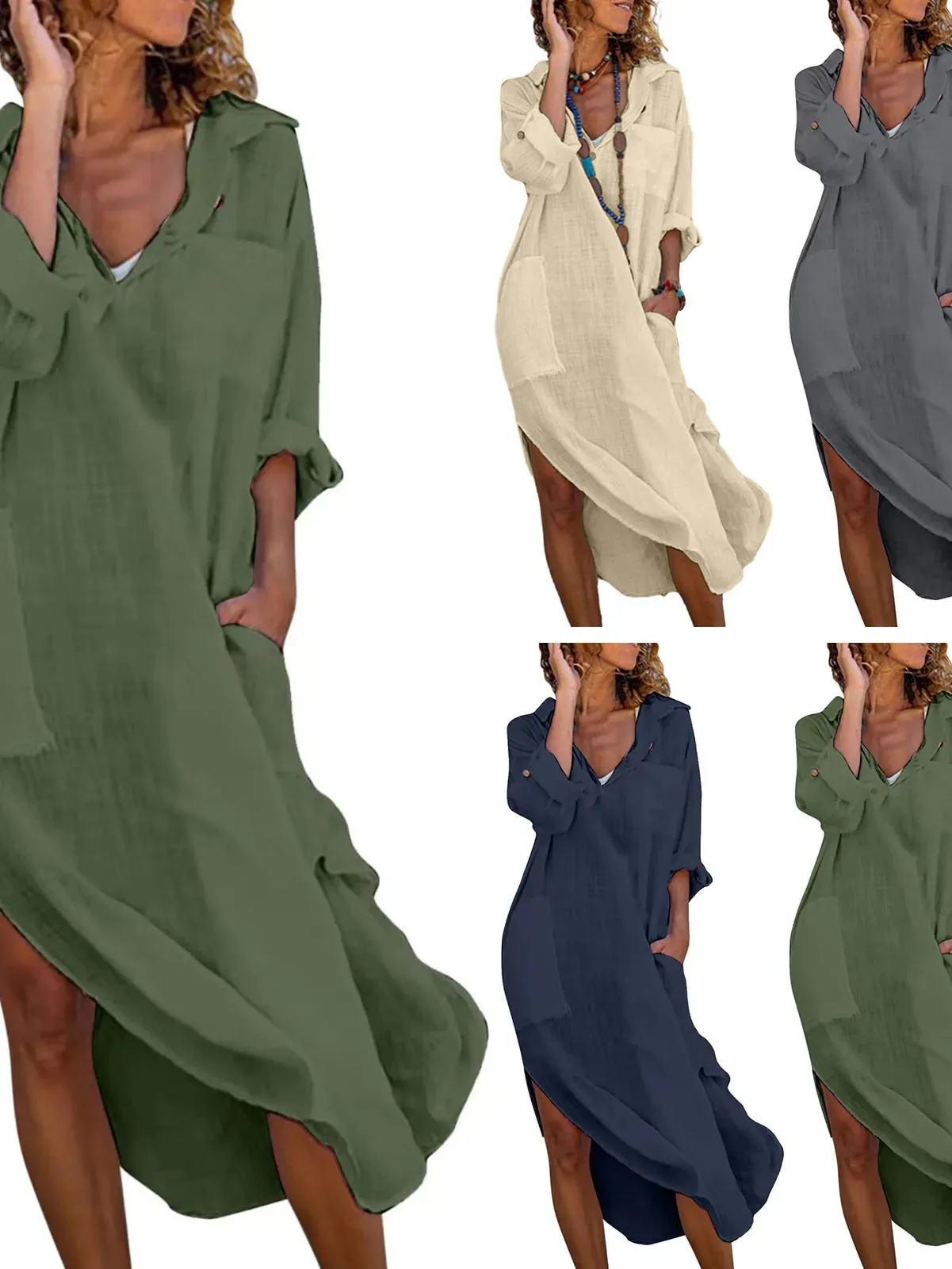 เดรสเชิ้ตผ้าลินินผสมคอตตอนสำหรับผู้หญิง เสื้อผ้าฤดูใบไม้ผลิ/ฤดูร้อน 2025 ลำลอง วินเทจ ทรงโอเวอร์ไซส์ ยาวปานกลาง รุ่น MTB8