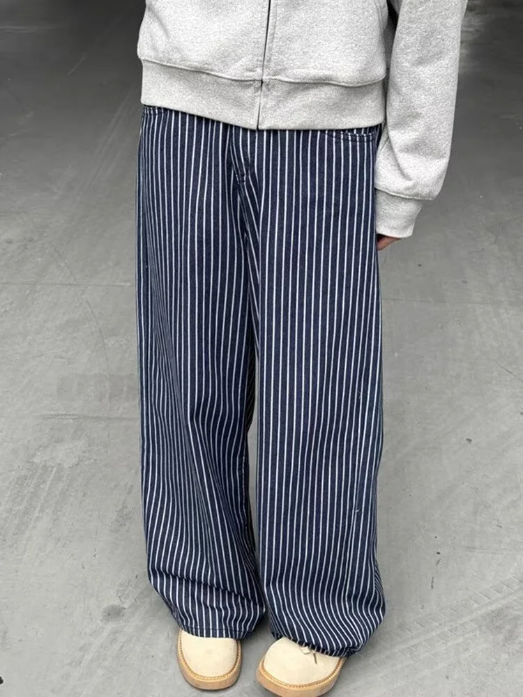 Cleanfit blauwe verticale gestreepte herenjeans Casual losse wijde pijpen Afslankende Amerikaanse Sle lange broek Jeugdtrend Lente Faion