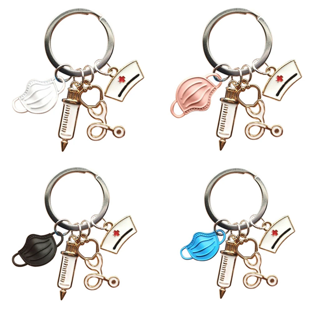 Porte-clés de la série médicale simple, seringue en métal, stéthoscope, masque, capuchon d'infirmière, porte-clés, accessoires pour médecin diplômé, cadeau
