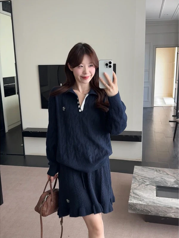 

plus Size Knitted Set Women's Autumn Embroidery Lazy Style Soft Cozy Sweater Fat MM Slimming Half Skirt Two Piece Set