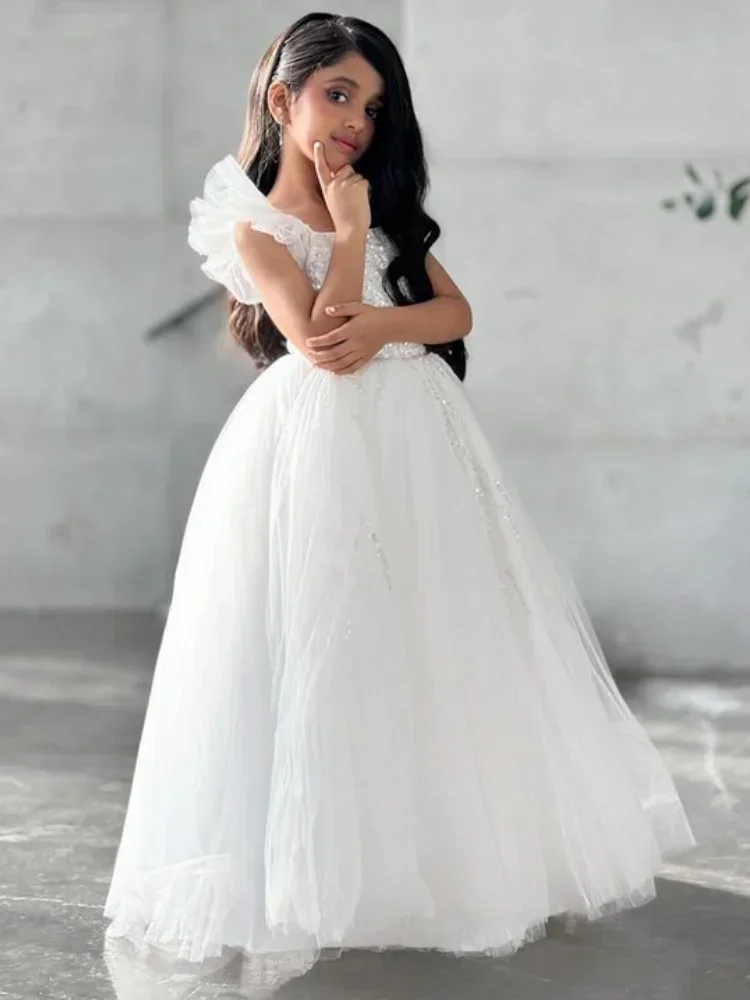 

White Tulle Puffy Sequin Flory Sleeveless For Wedding Birthday Party Holy Communion Gowns Flower Girl Dresses