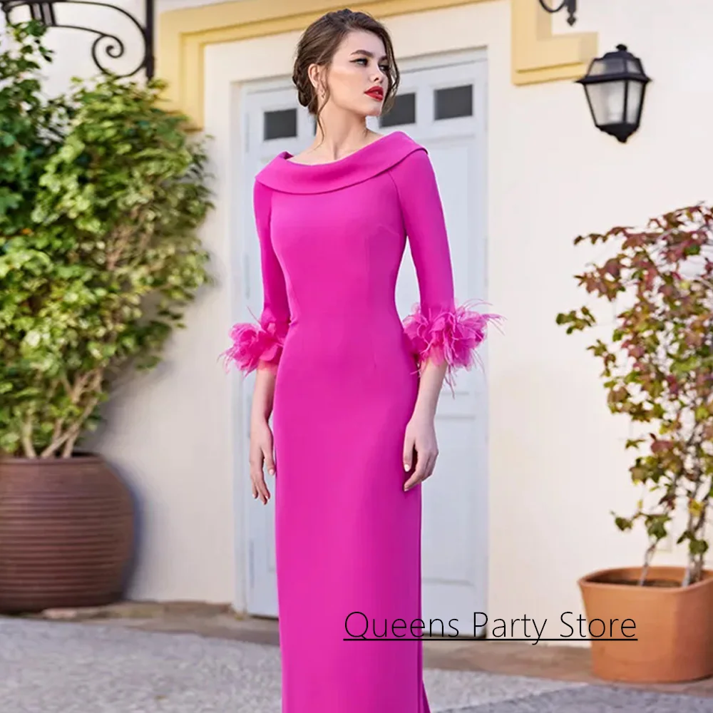 Modesto mãe da noiva vestido personalizado flor penas 3/4 mangas colher pescoço vestido de festa à noite vestidos de convidados de casamento