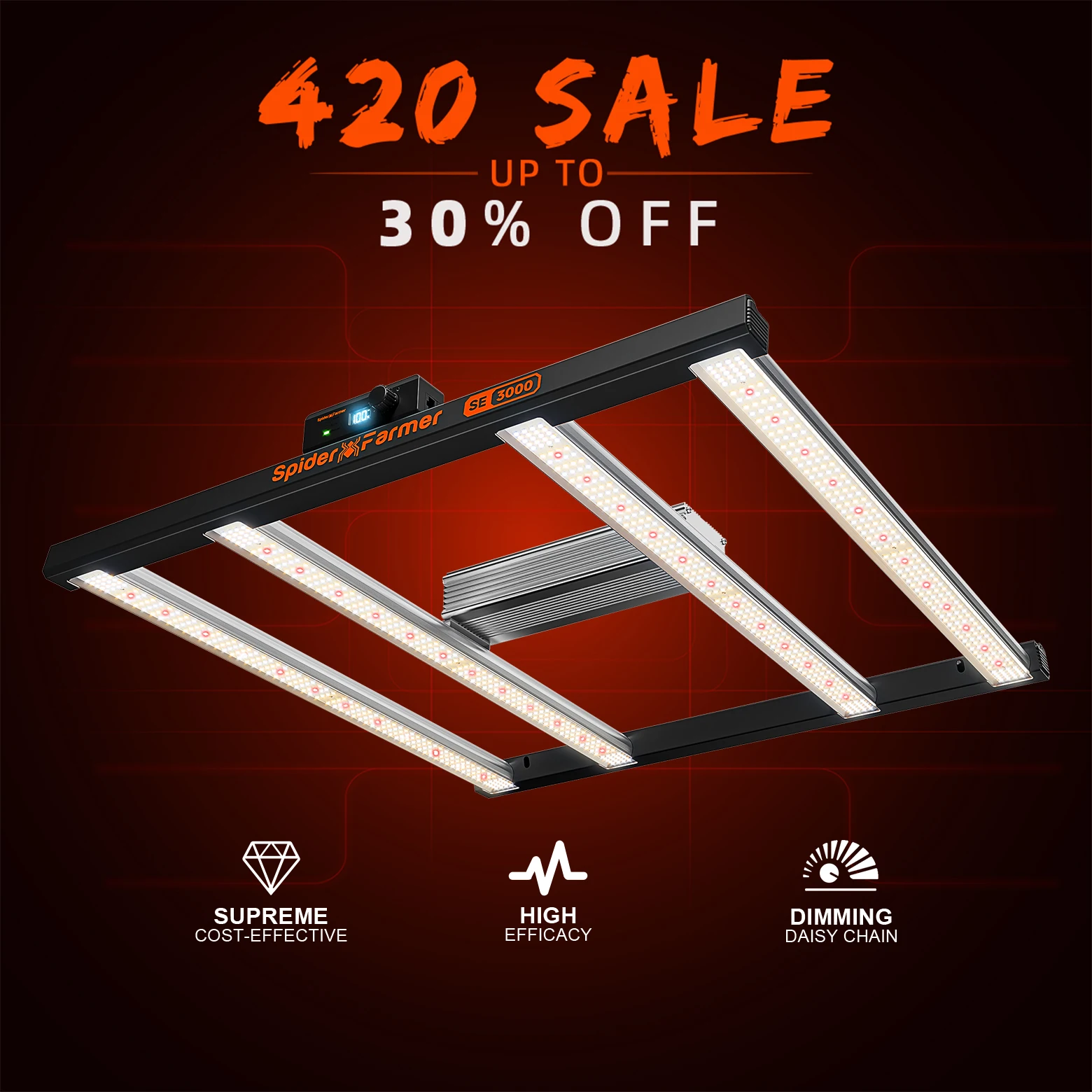 

Светодиодный фитосветильник Spider Farmer SE3000 300W, полный спектр, управление через Bluetooth и Wi-Fi, умное приложение, регулировка яркости, высокая эффективность, для зоны выращивания 2x2 фута