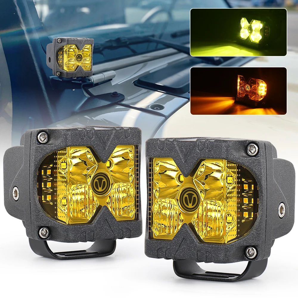 POVTOR 2PCS  Waterproof IP68 Yellow Lens LED Pod Lights Combo Beam with Strobe Cube Driving Lights for ATV UTV RZR Tractor SUV