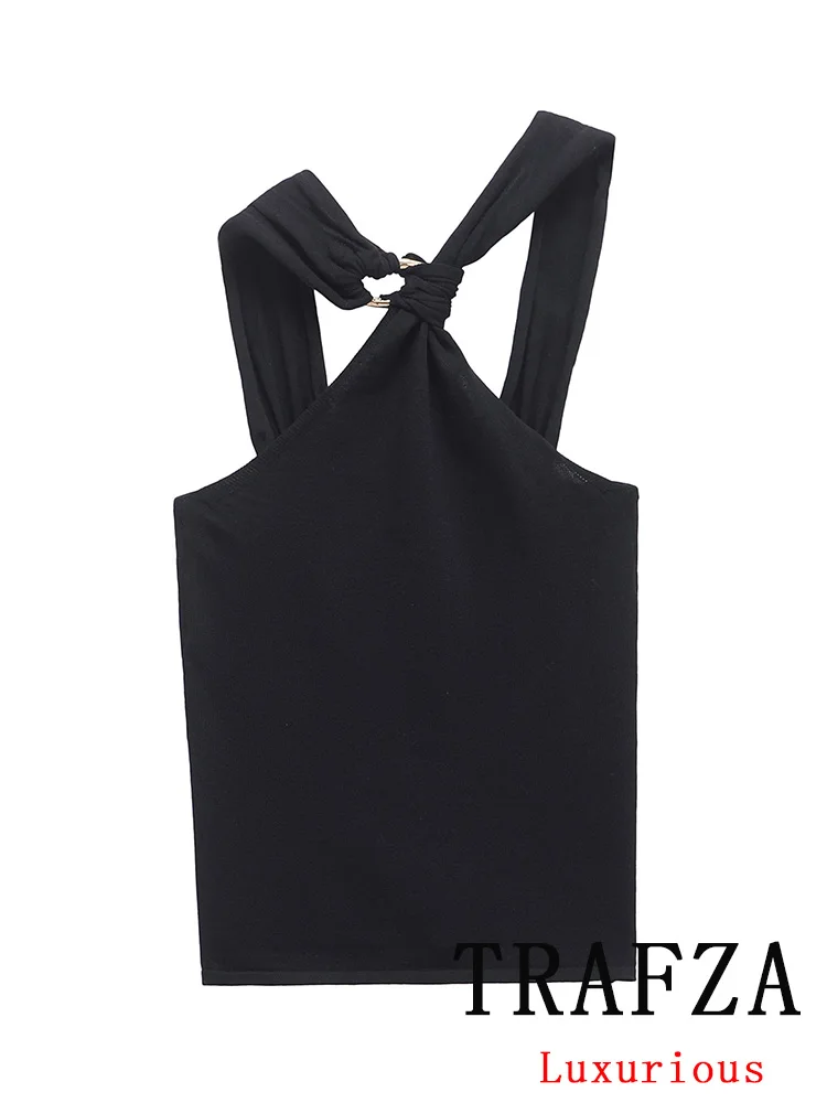 TRAFZA Vintage Casual Chic Women Tops Black Solid Sleeveless Short Slim Vest New Fashion 2025 Spring Summer Holiday Female Tops