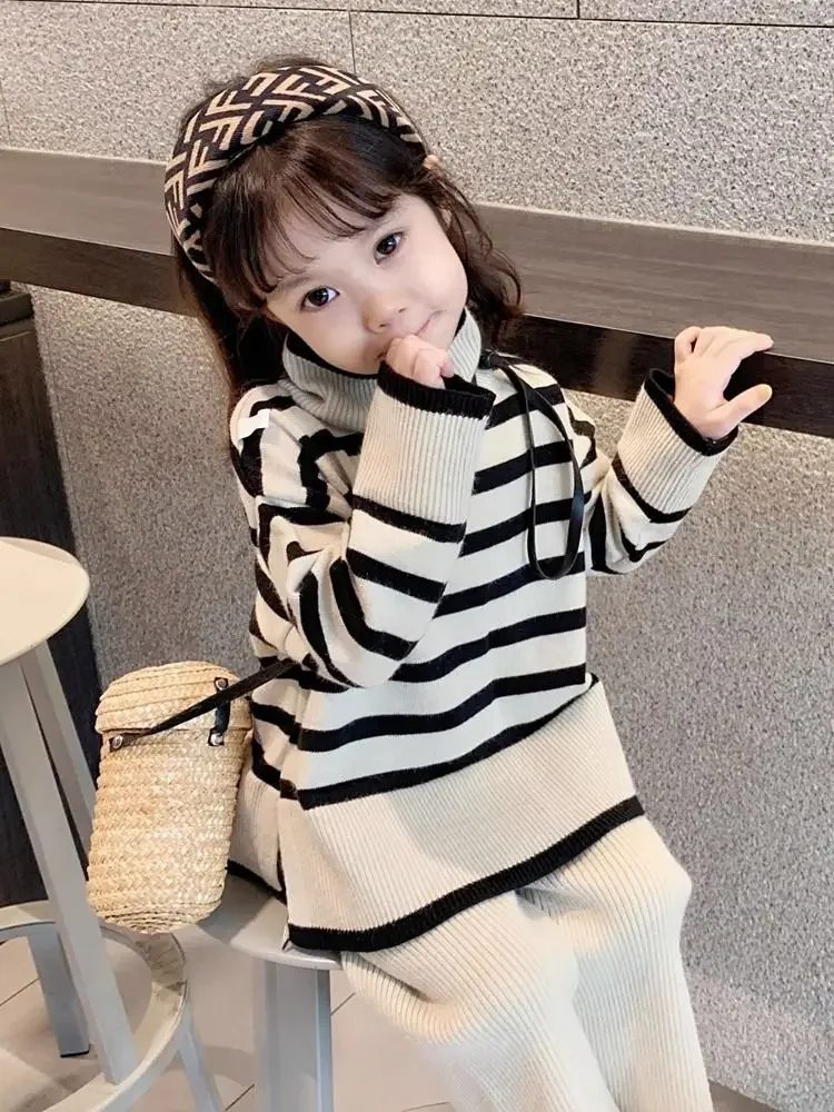 

Childrens Sets Clothing Girls Knitting Autumn New Korean Fashion Stripe High Collar Sweater Wide Leg Pants Two Piece Set