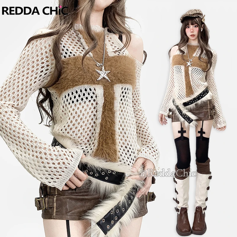REDDACHiC Fuzzy Cross Off Shoulder Knit Top Long Sleeve Hollow Out Crochet Shrug Pullover Sweater Goth Punk Retro Women Clothes