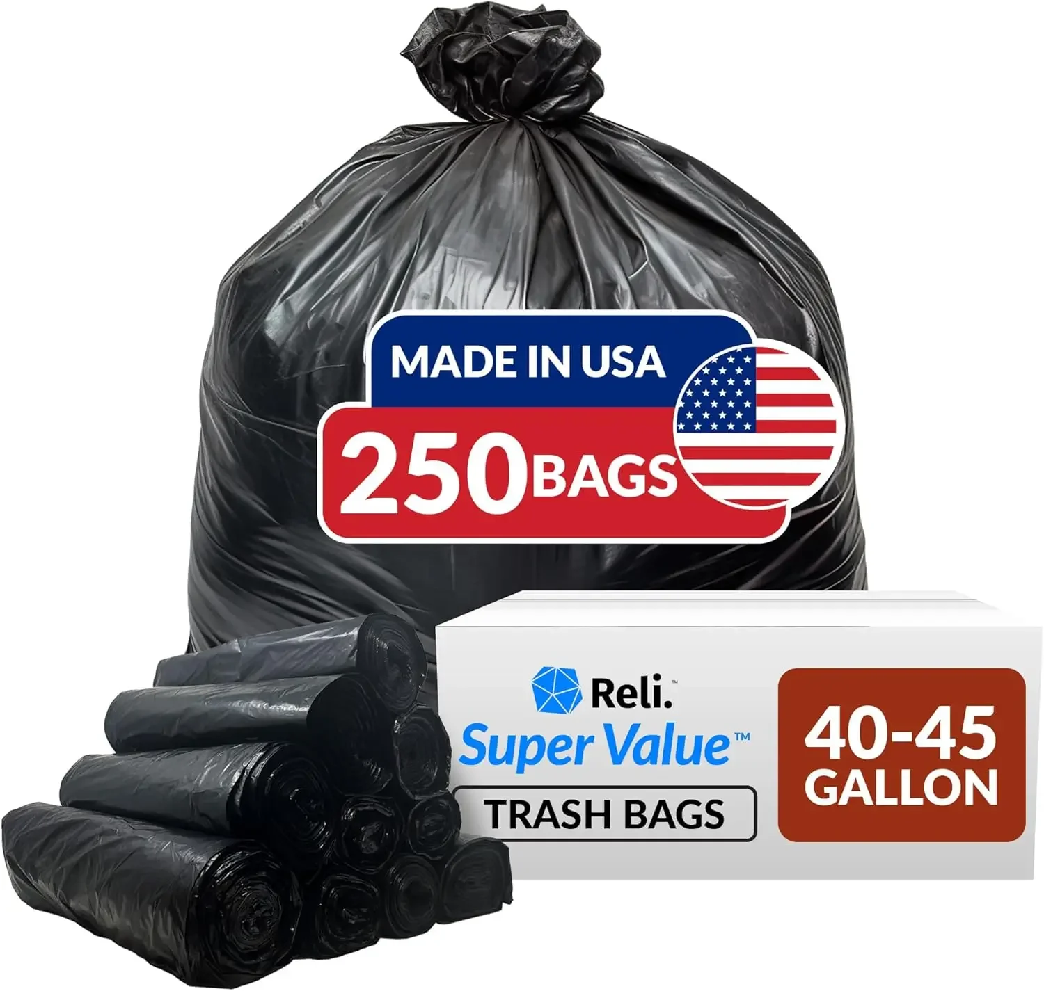 

Reli. 40-45 Gallon Trash Bags Heavy Duty- 250 Bags Large Black Garbage Bags,39 40 42, 45 Gallon | Made in USA