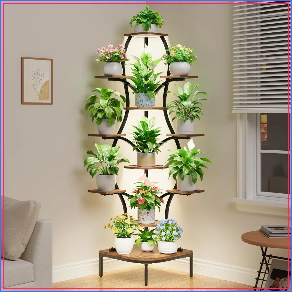 LATIBELL Curved Corner Plant Stand with Grow Light, Black, 72 in, 11 Tier