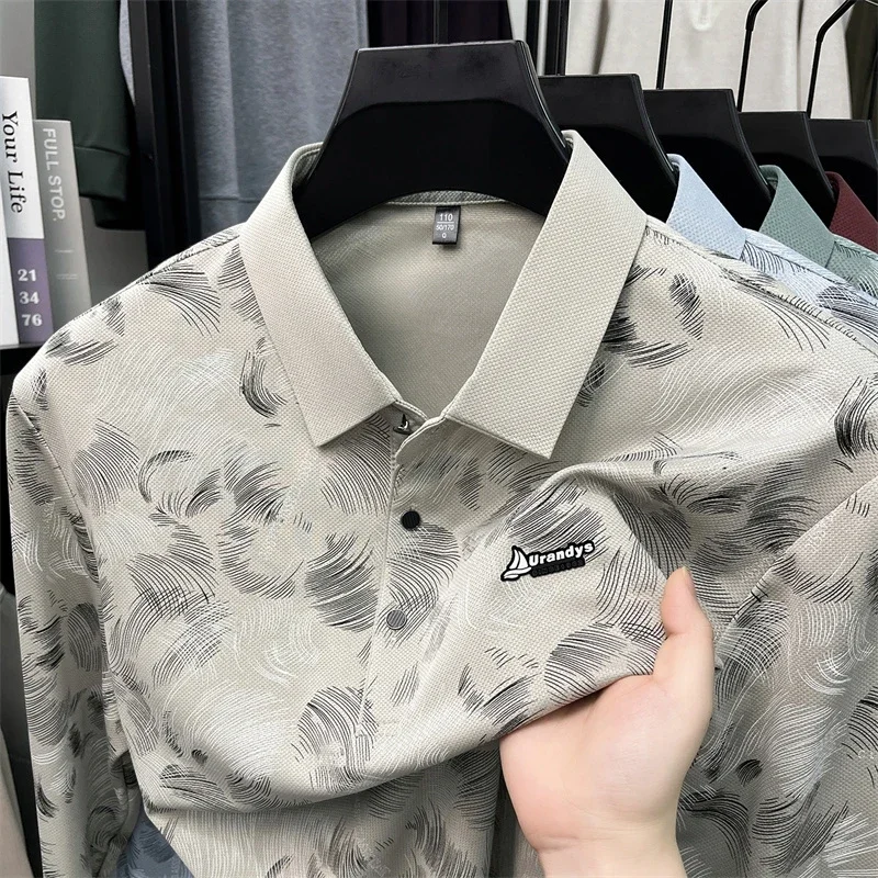 Men Short Sleeve Lapel Polo Shirt Feather Pattern Print Breathable Mesh Fabric Button Placket Casual Daily Top