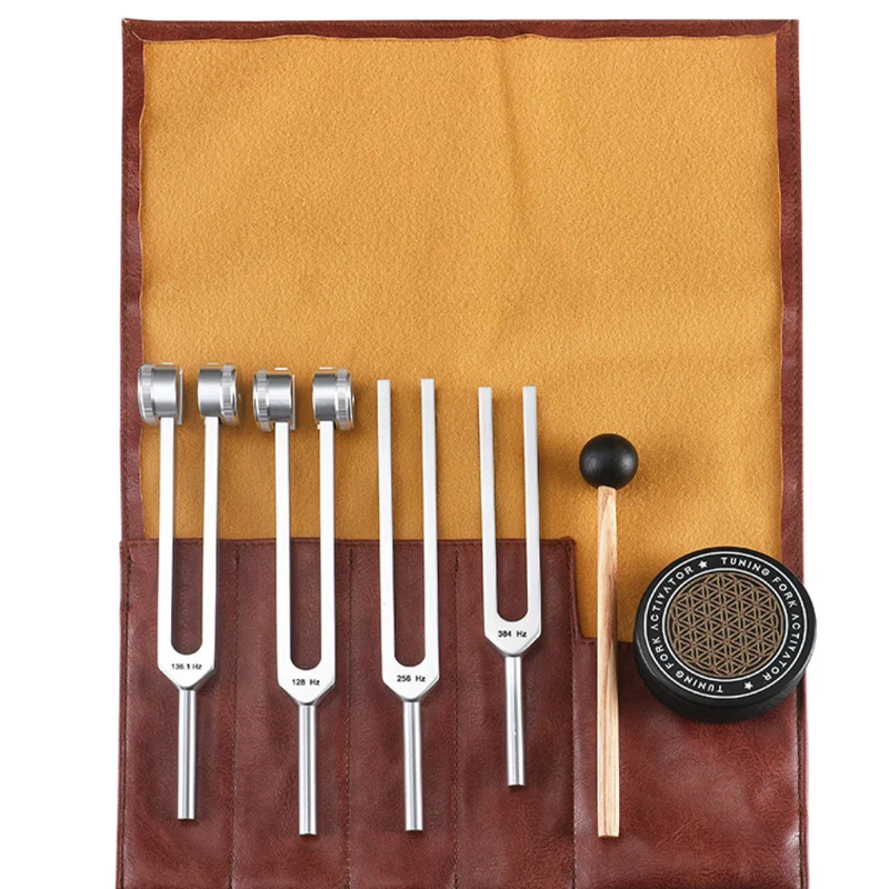 High Quality 4 Pcs/Set of Tuning Fork Leather Bag with Brown  128Hz 136.1Hz 256Hz 384Hz Multifunctional Tuning Forks