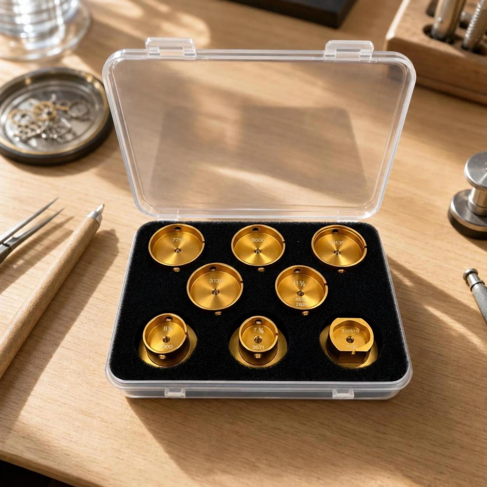 8 Pieces Watch Movement Holder Set with Storage Case Metal Watch Movement Holder Compact Long-Lasting for Watchmakers, Workbench