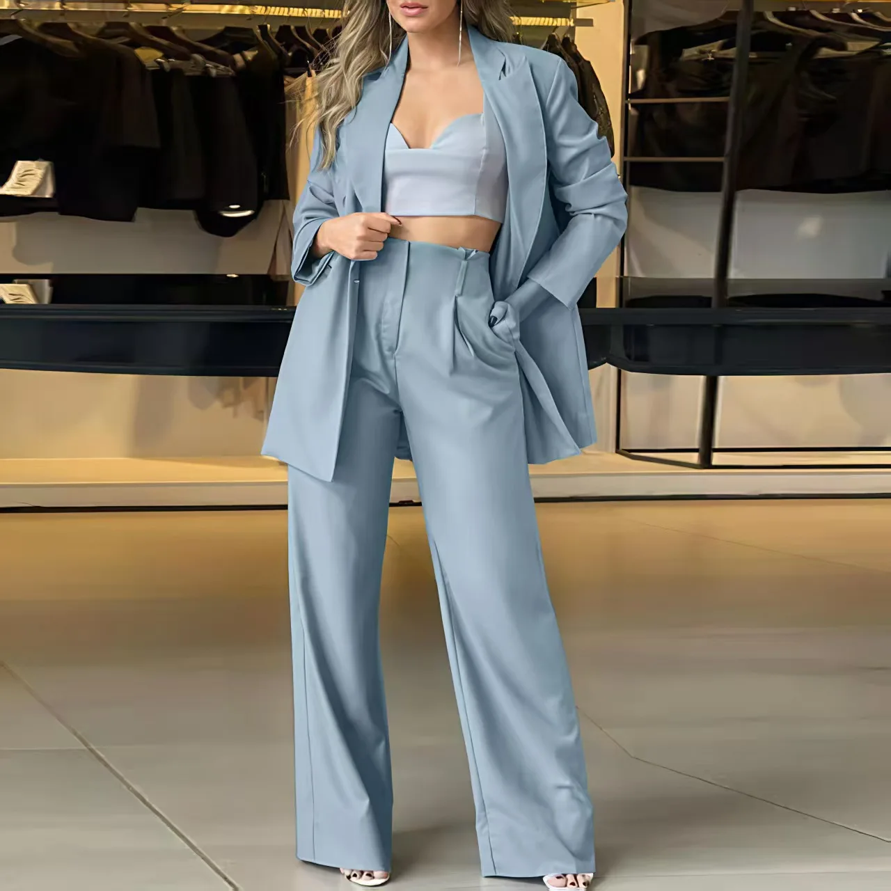 

Лето 202, повседневный однотонный женский костюм с двойным воротником на пуговицах, длинные брюки с высокой талией, миди Jaet Long Sve Faion E...