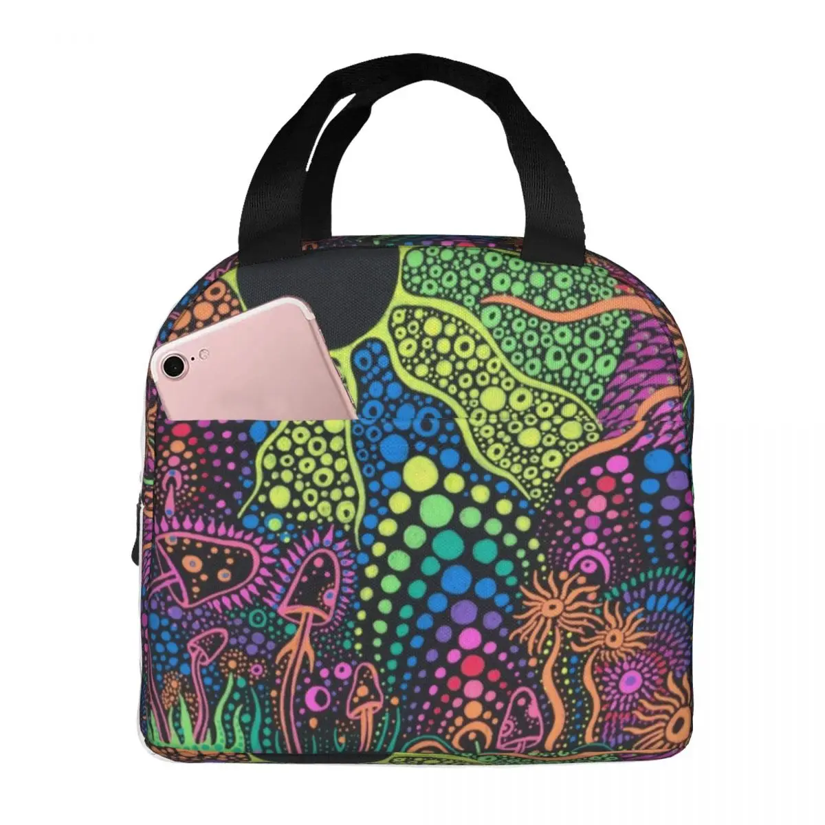 Magic Mushroom Trippy Psychedelic Neon Pastel Goth Lunch Bag Men Women Cooler Warm Insulated Lunch Box for School