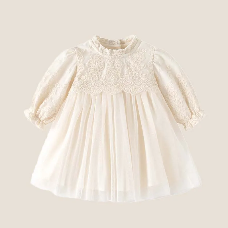 UNITIM Spring Newborn Girl Dress French Cotton Lace Long Sleeve Princess Dress For Kids Girl Floral Print Baby Girl Gauze Dress