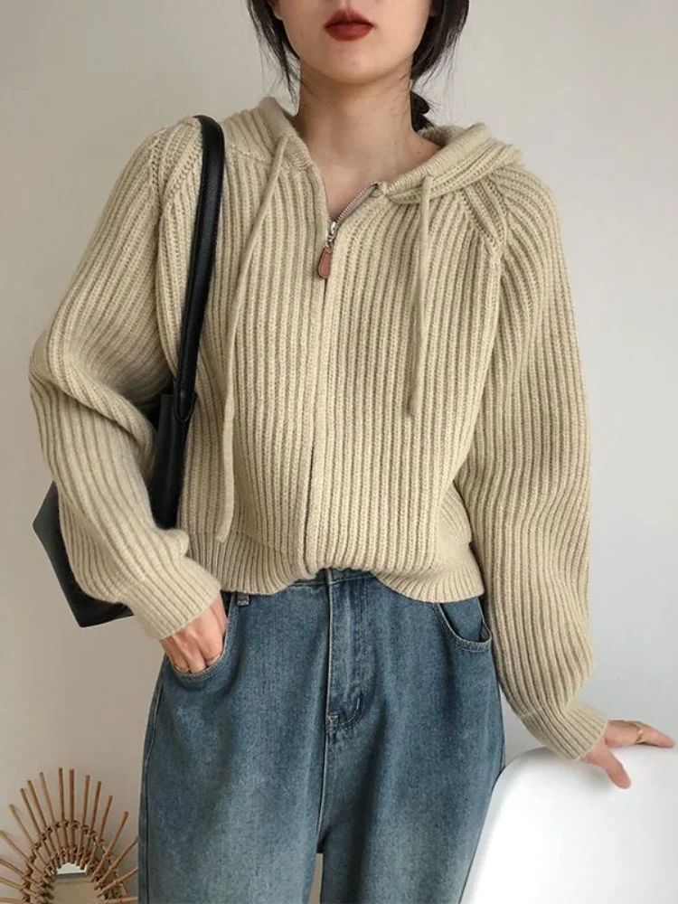 Deeptow Design Fashion Chic Zip Up Cardigan Sweater Korean Casual Striped Hoodie Long Sleeve Zipper Vintage Loose Knitted Coats