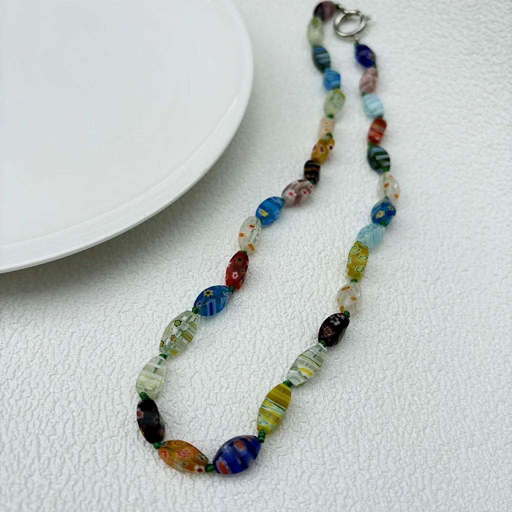 1PCS Vintage Thousand Flower Murano Glass Necklace For Women Irregular Glazed Crystal Lobster Colorful Jewelry Gift Party