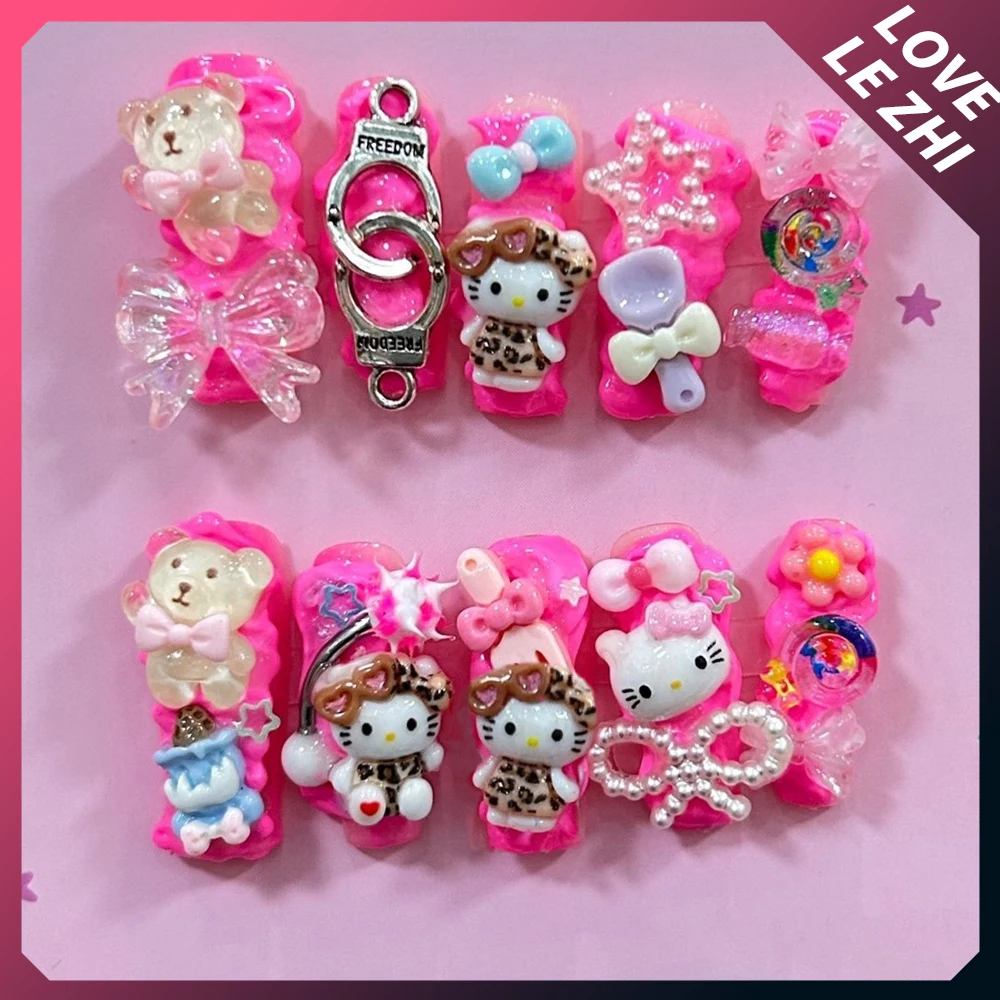 10Pcs Y2K Heavy Industry Sanrio Hello Kitty Ręcznie robione sztuczne paznokcie 3D Metalowe kajdanki Motyl Długi kwadrat Xl Pełne sztuczne paznokcie