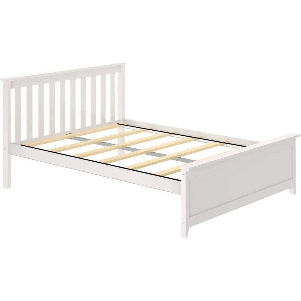 Full size bedstead with Flat noodles headboard, solid wood children's platform bed, no spring mattress, easy to assemble, white