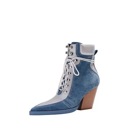 

Vintage Color Block Denim Lace-Up Boots Pointed Toe Chunky Heel Ankle Botines Large Size Custom Women Botas Femininas Chaussure