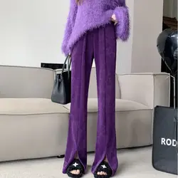 2022 Winter Purple Corduroy Chic Front Split Flare Pants Full Length High Waist Elegant Women Trousers Korean Streetwear Girls