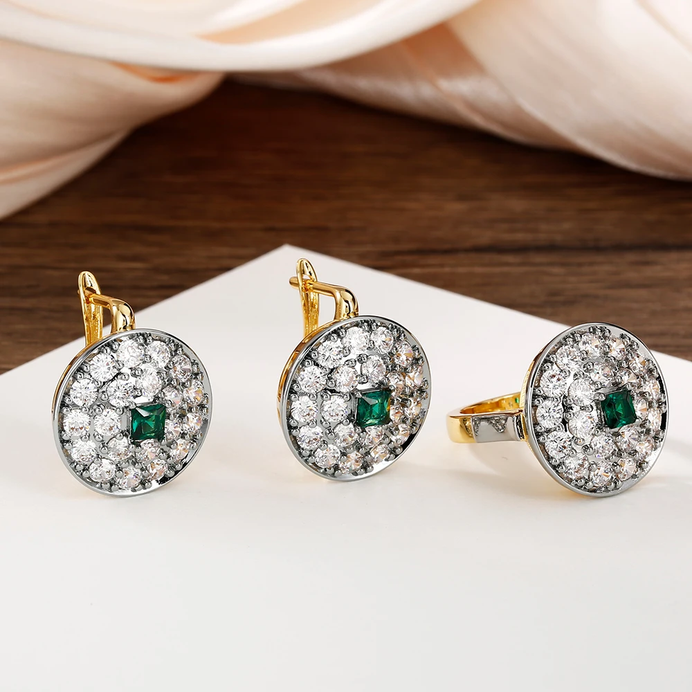 Round Inlay Synthetic Zircon Double Color suit Earrings Ring Copper Plated 14K Gold Luxury Fashion Holiday Party Women Jewelry