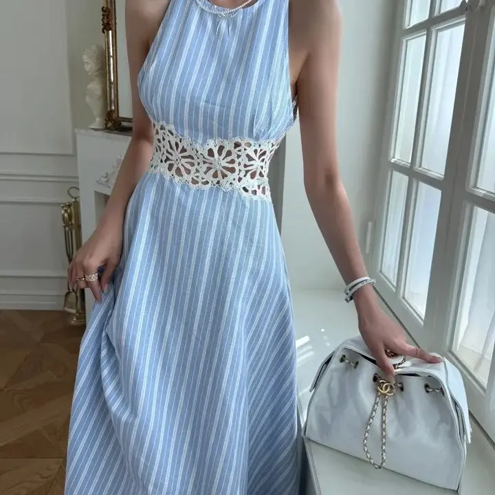 Korean Style Summer Neck Hanging Striped Dress Lace Backless Design Slimming Vest Dress Women's Fashion Casual Cotton Gown