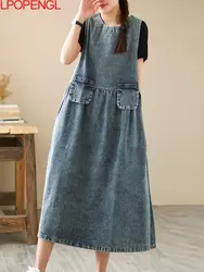 Vintage Casual Denim Spaghetti Strap Dress Women Spring 2022 New Oversized Women's Loose Ankle-length Versatile Dress