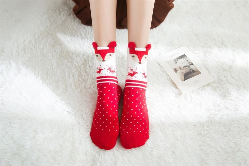 3 Paare/los frauen Casual Winter Weihnachten Socken Deer Fuchs Bär Hund Elch Baumwolle Cartoon Warme Weiche Sokken Weihnachten Geschenk dropship – Detail 9
