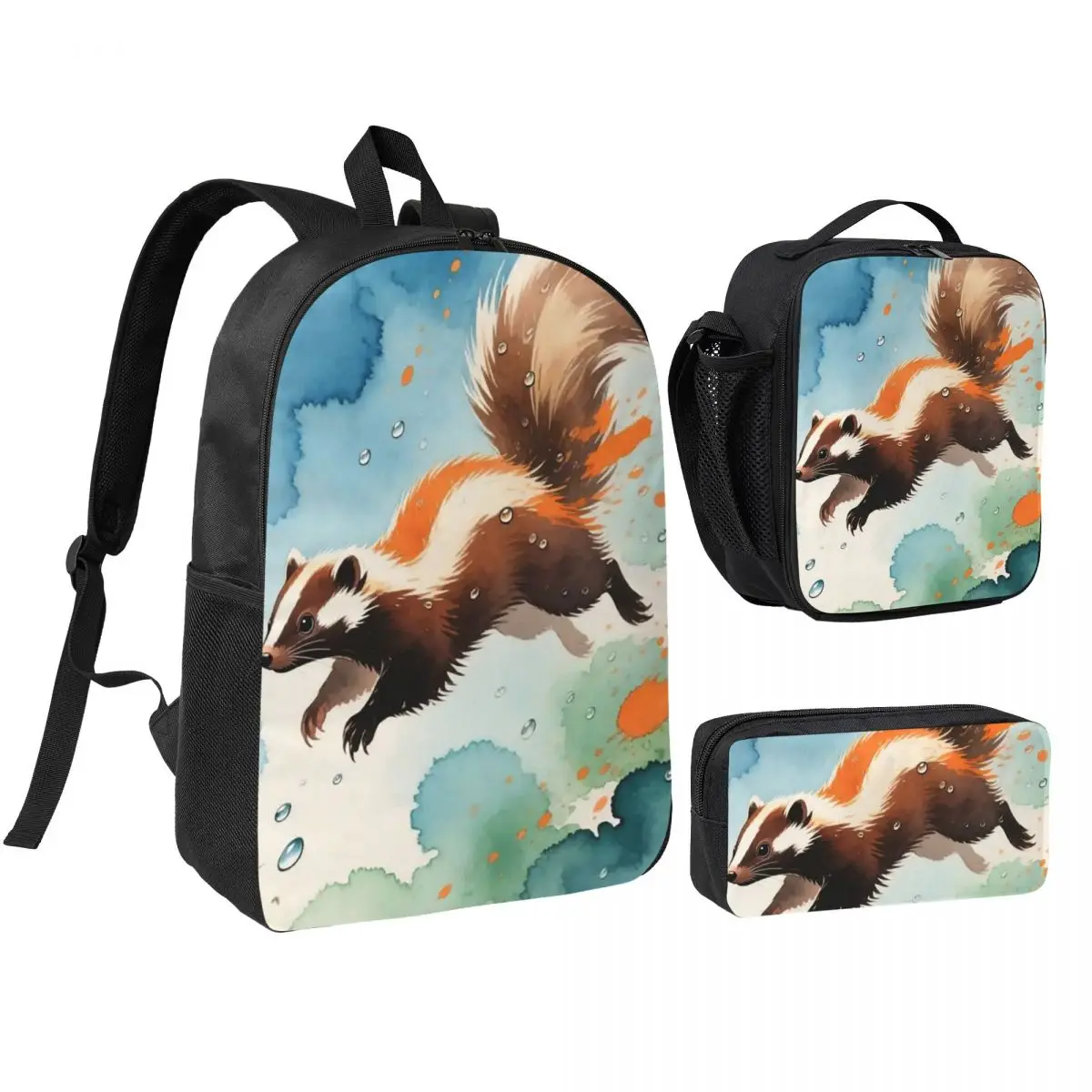 Cartoon Skunks With Fun Patterns Backpack Student BookBag School Bag Shoulder Bags 3ps Insulated Lunch Bag Pencil Case