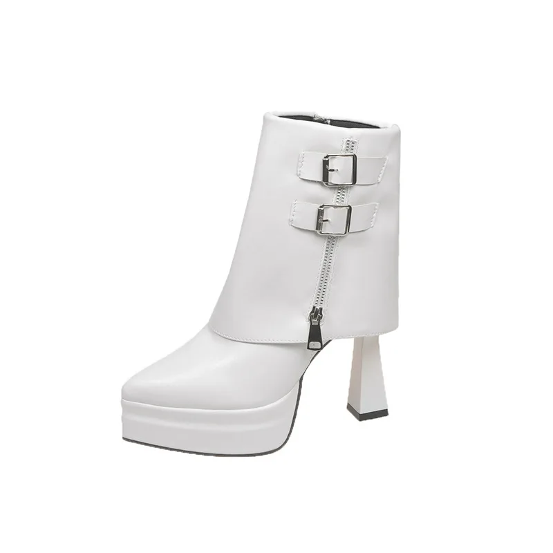 

2025 New Pointed Ultra-high Heel Boots for Women Belt Buckle Side Zipper Trouser Short Botines Thick Bottom Women's Shoes