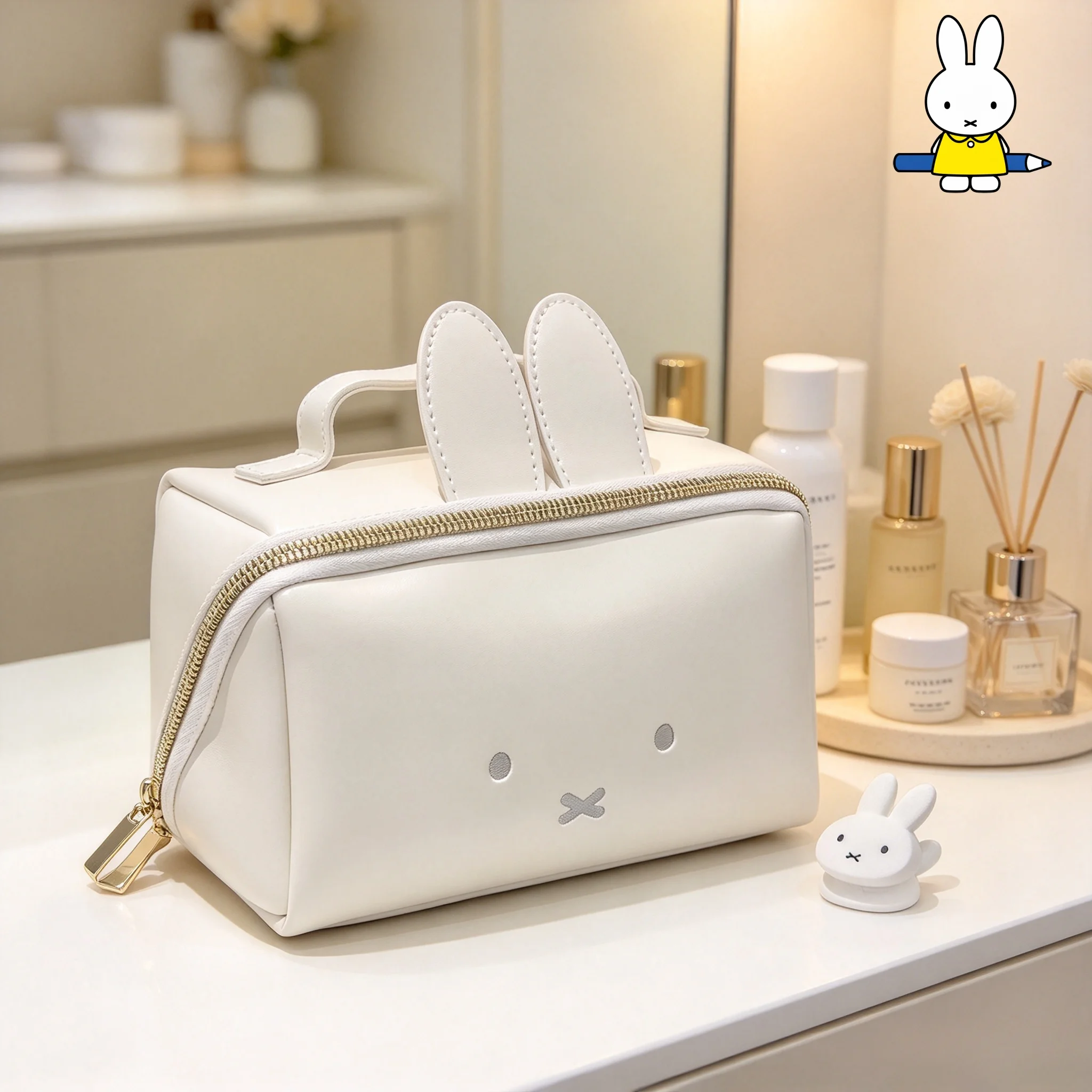 Kawaii Miffy Cute Handbag Cartoon Rabbit Portable Multifunctional Soft PU High Capacity Cosmetics Storage Bag Travel Girl Gift